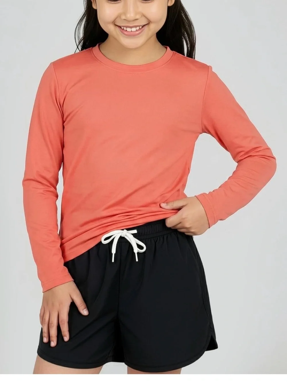 Kids Long Sleeve Crew Neck Tops - Pack of 4 (Pink, Coral, Light Blue, Black)